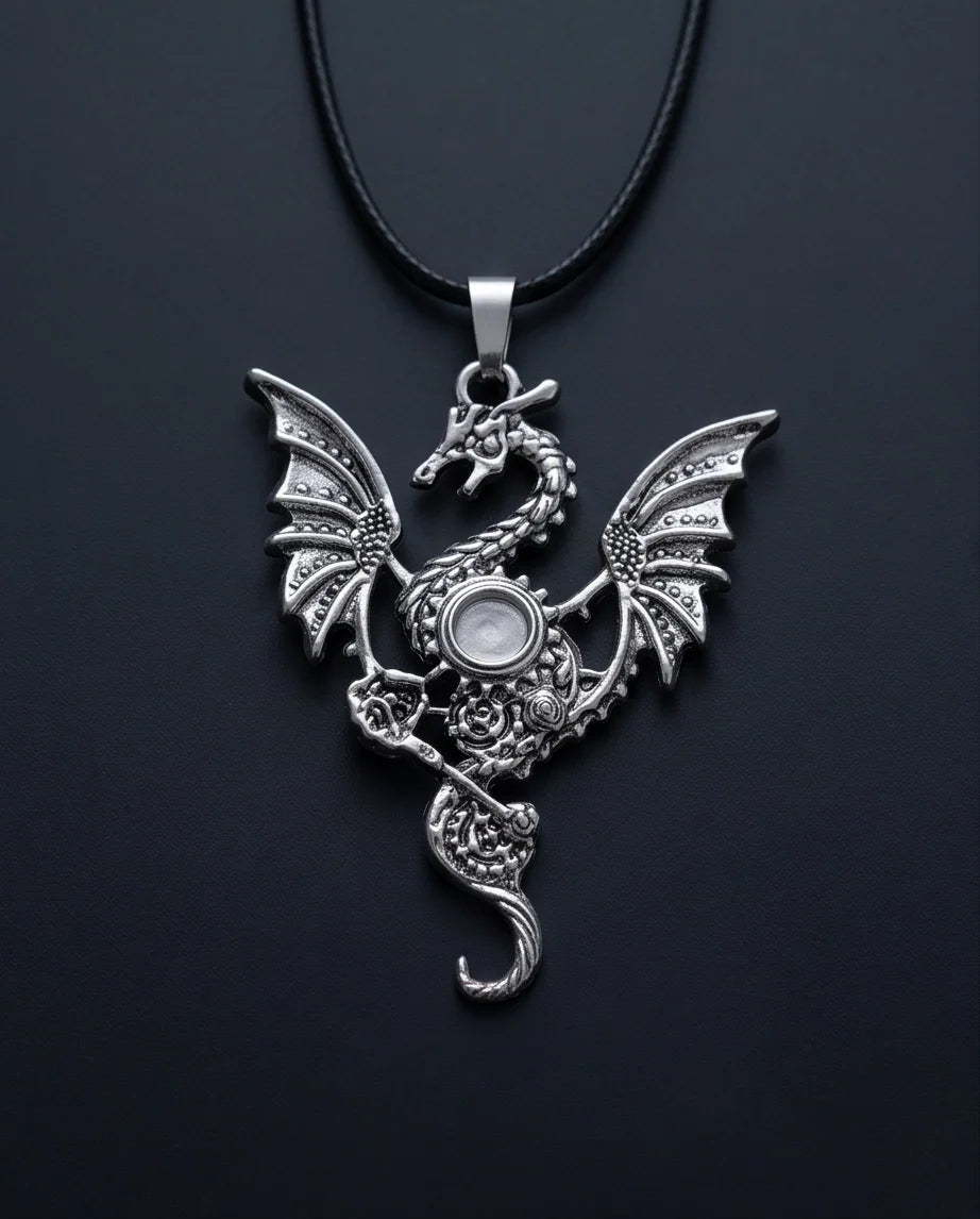 Silver Steampunk Dragon Gear Pendant Necklace