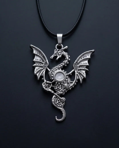 Silver Steampunk Dragon Gear Pendant Necklace