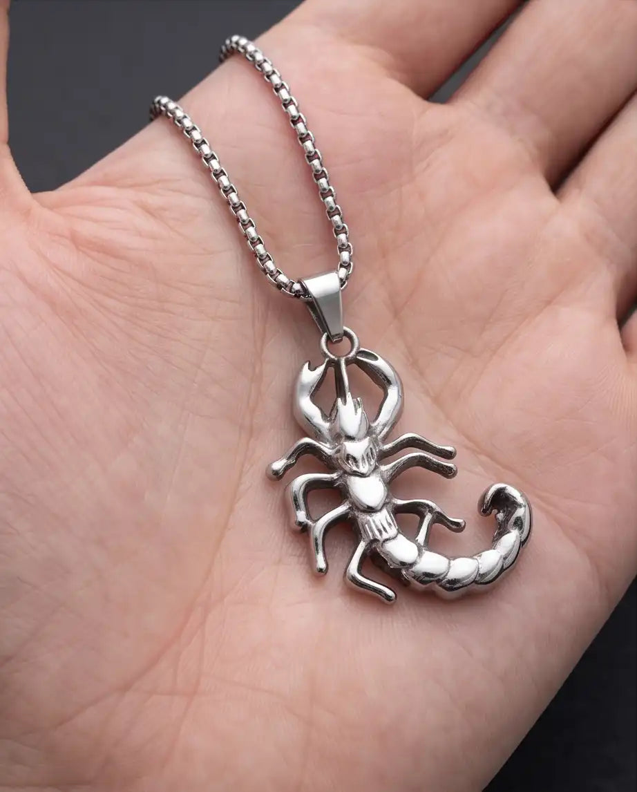 Sculpted Scorpion Pendant Silver Box Chain Necklace