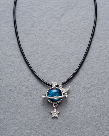 Silver Cosmic Planet Crescent Moon & Star Dangle Pendant Necklace