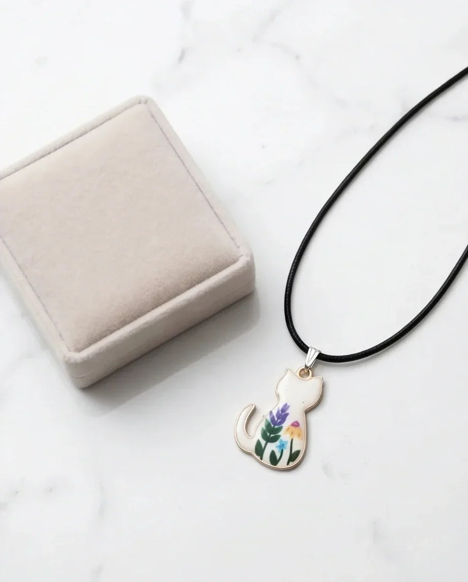 Artistic Floral Botanical Feline Silhouette Pendant Necklace