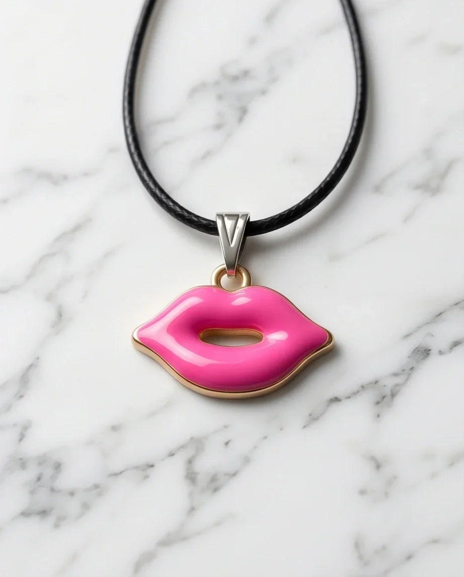 Gold and Pink Lips Pendant Necklace
