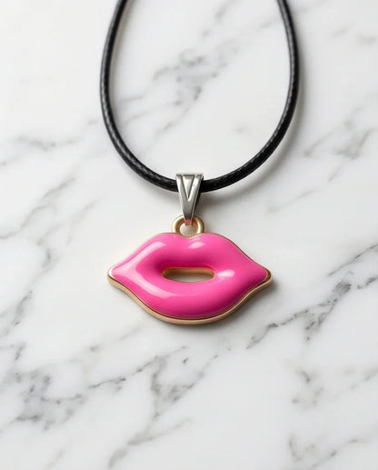 Gold and Pink Lips Pendant Necklace