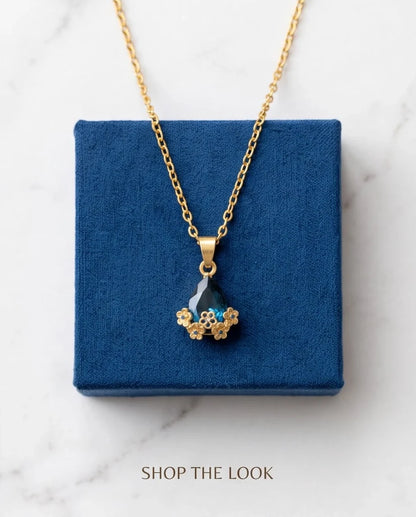 Gold Sapphire Teardrop Floral Basket Pendant Necklace