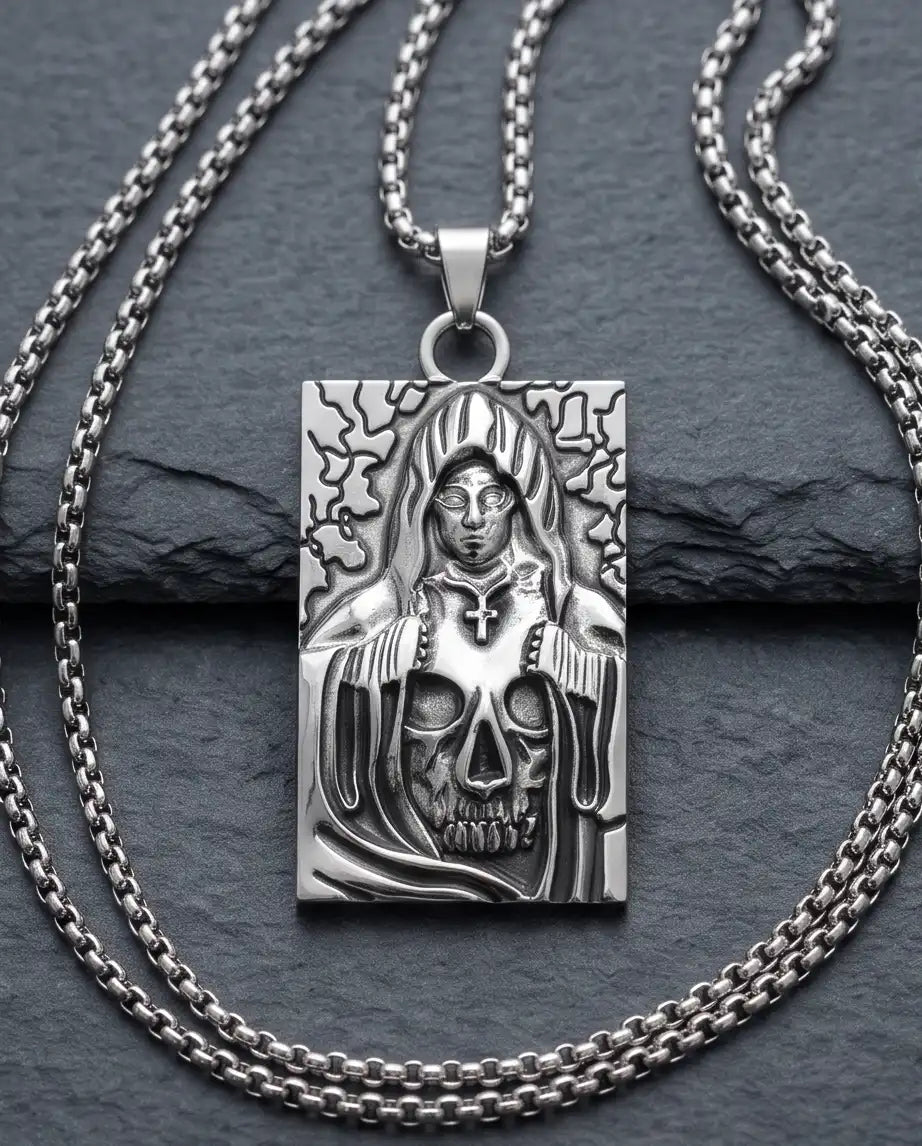 Hooded Grim Reaper Skull Dog Tag Pendant Box Chain