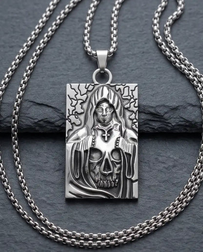 Hooded Grim Reaper Skull Dog Tag Pendant Box Chain