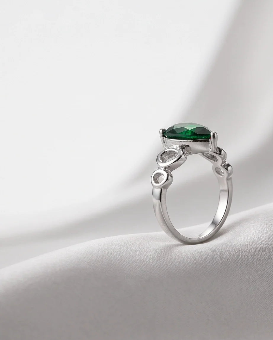 Emerald Gemstone Prong-Set Teardrop Loop Silver Ring