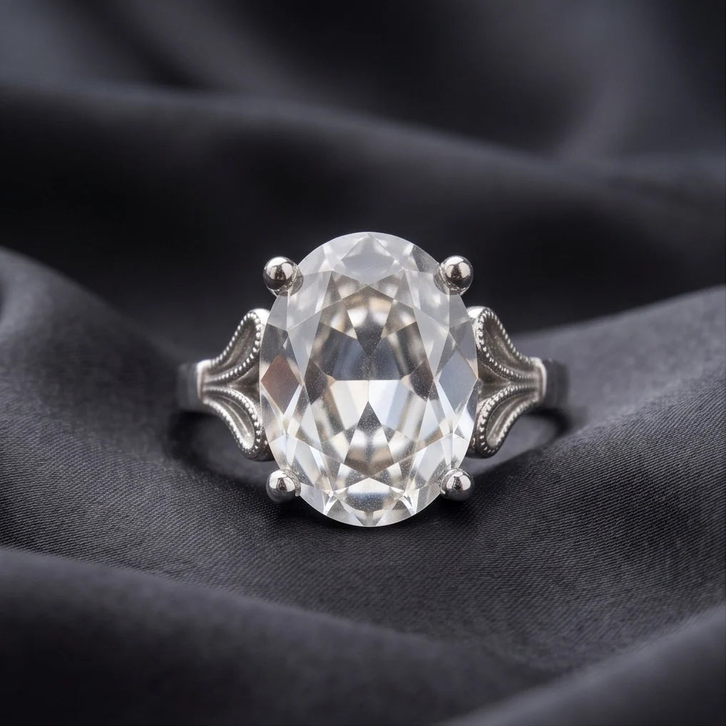 Silver Oval Clear Quartz Vintage Solitaire Ring
