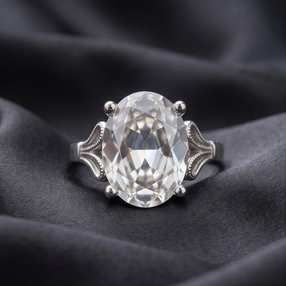 Silver Oval Clear Quartz Vintage Solitaire Ring