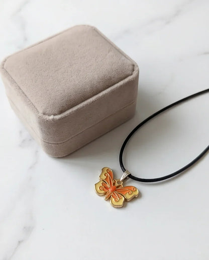 Orange & Yellow Enamel Butterfly Pendant Necklace