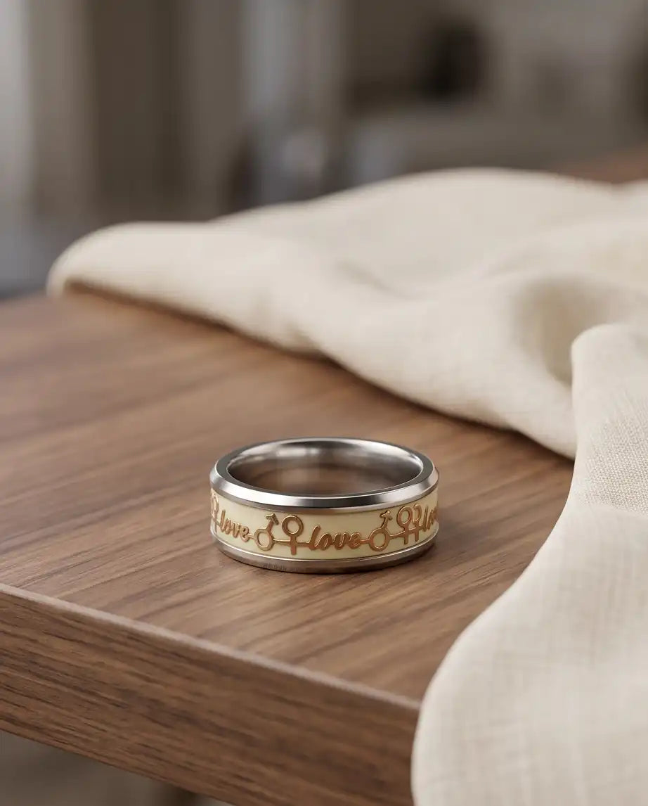 Gold Love Script and Gender Symbols Band Ring