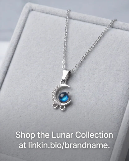 Silver Crystal Crescent Moon & Cosmic Blue Stone Pendant Necklace