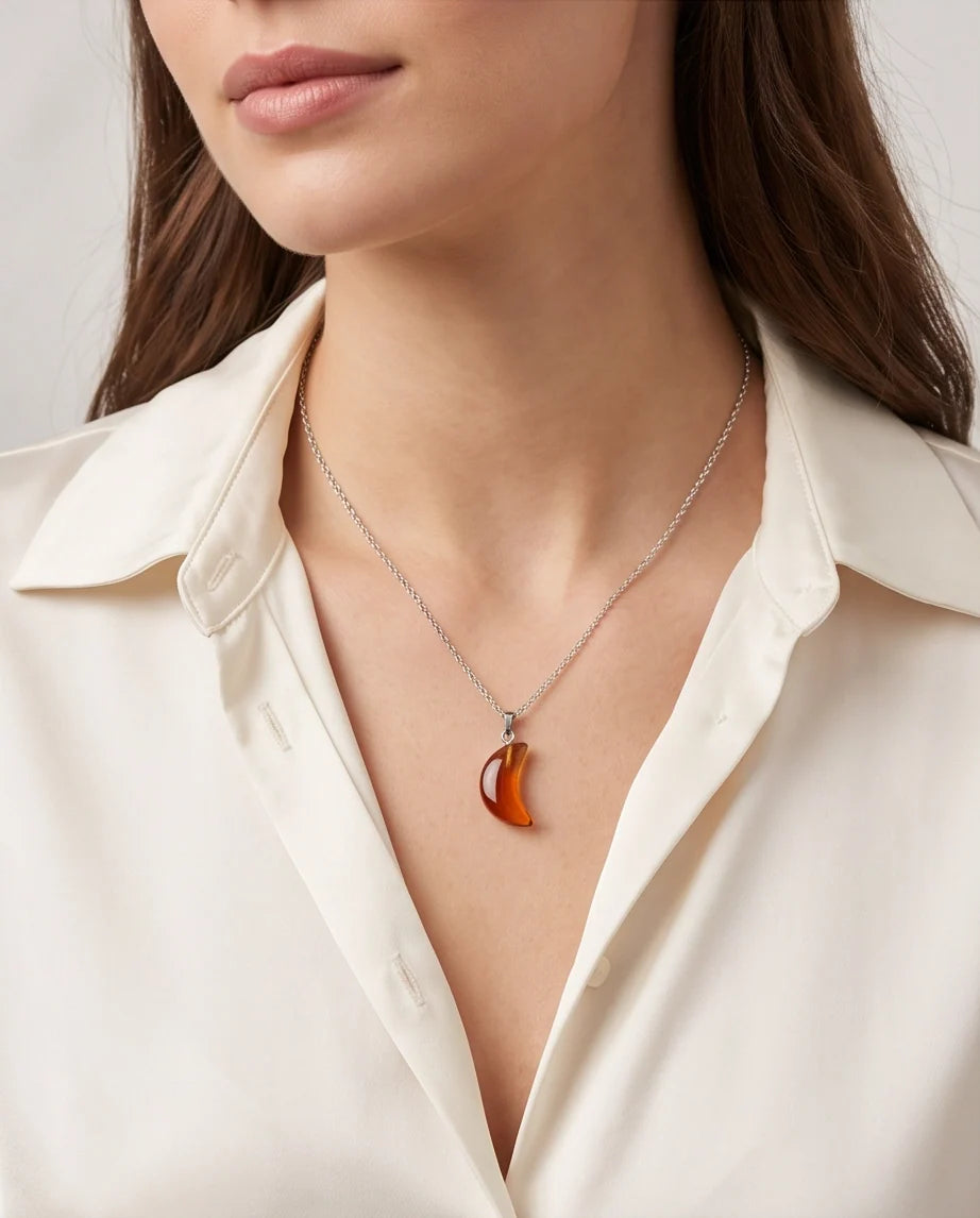Silver Amber Resin Crescent Moon Pendant Necklace
