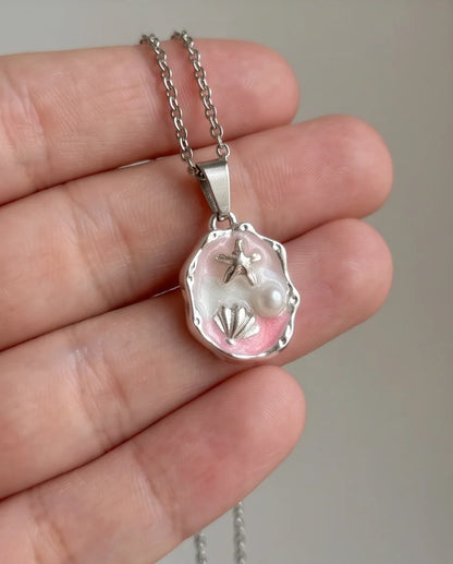 Silver Pink Seashell Starfish Pearl Enamel Medallion Chain Necklace