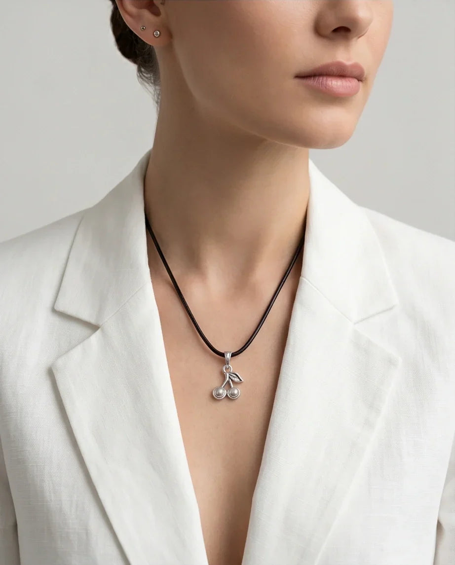 Silver Double Cherry Pendant Necklace