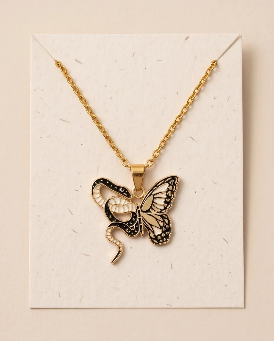 Gold Snake & Butterfly Celestial Enamel Pendant Necklace