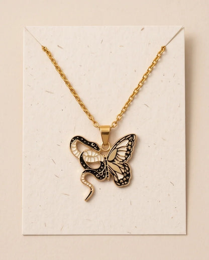 Gold Snake & Butterfly Celestial Enamel Pendant Necklace