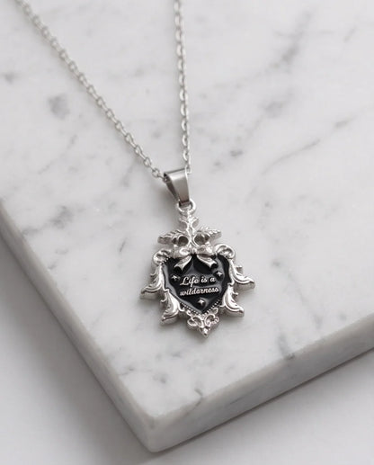 Silver Vintage Heart Engraved Black Enamel Pendant Necklace