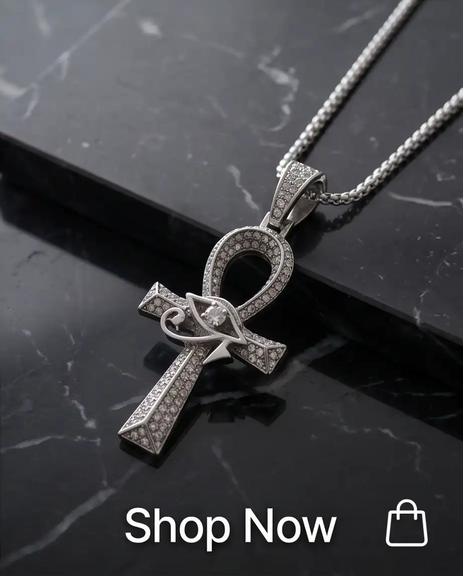Iced Egyptian Ankh Cross & Eye of Horus Pendant Silver Box Chain Necklace