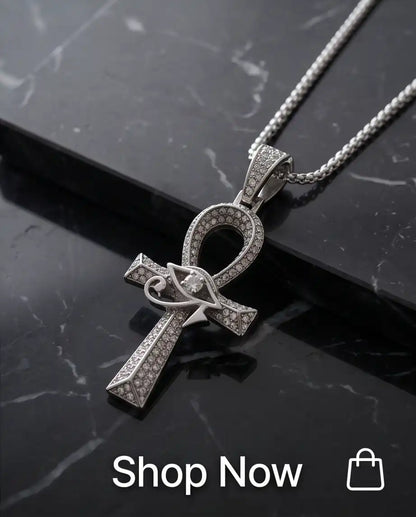 Iced Egyptian Ankh Cross & Eye of Horus Pendant Silver Box Chain Necklace