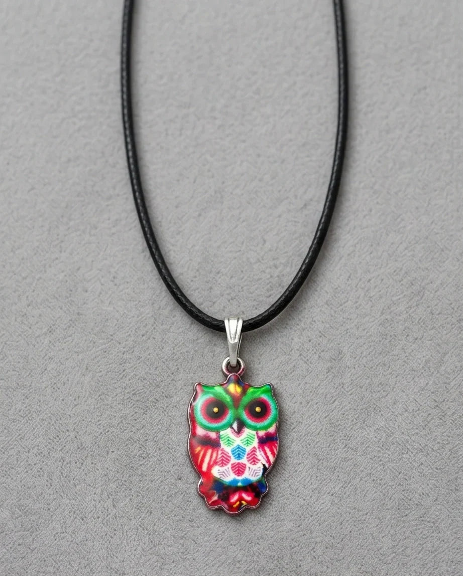 Vibrant Kaleidoscope Owl Totem Pendant Necklace