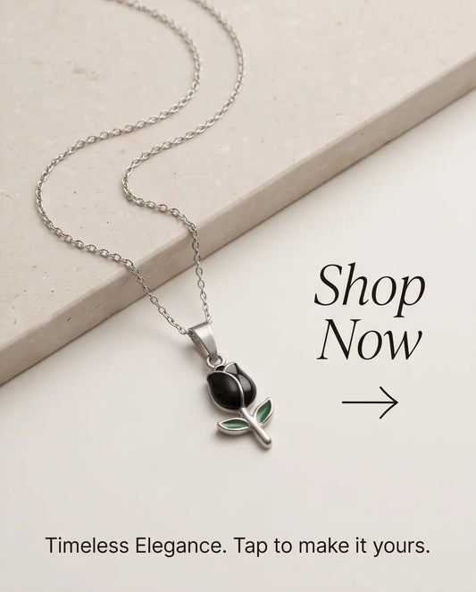 Silver Black Enamel Tulip Pendant Necklace