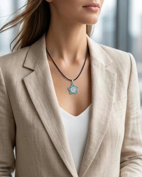 Serene Blue and White Layered Floral Enamel Pendant Necklace