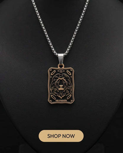 Gold "Strength" Lion Tarot Card Pendant Necklace