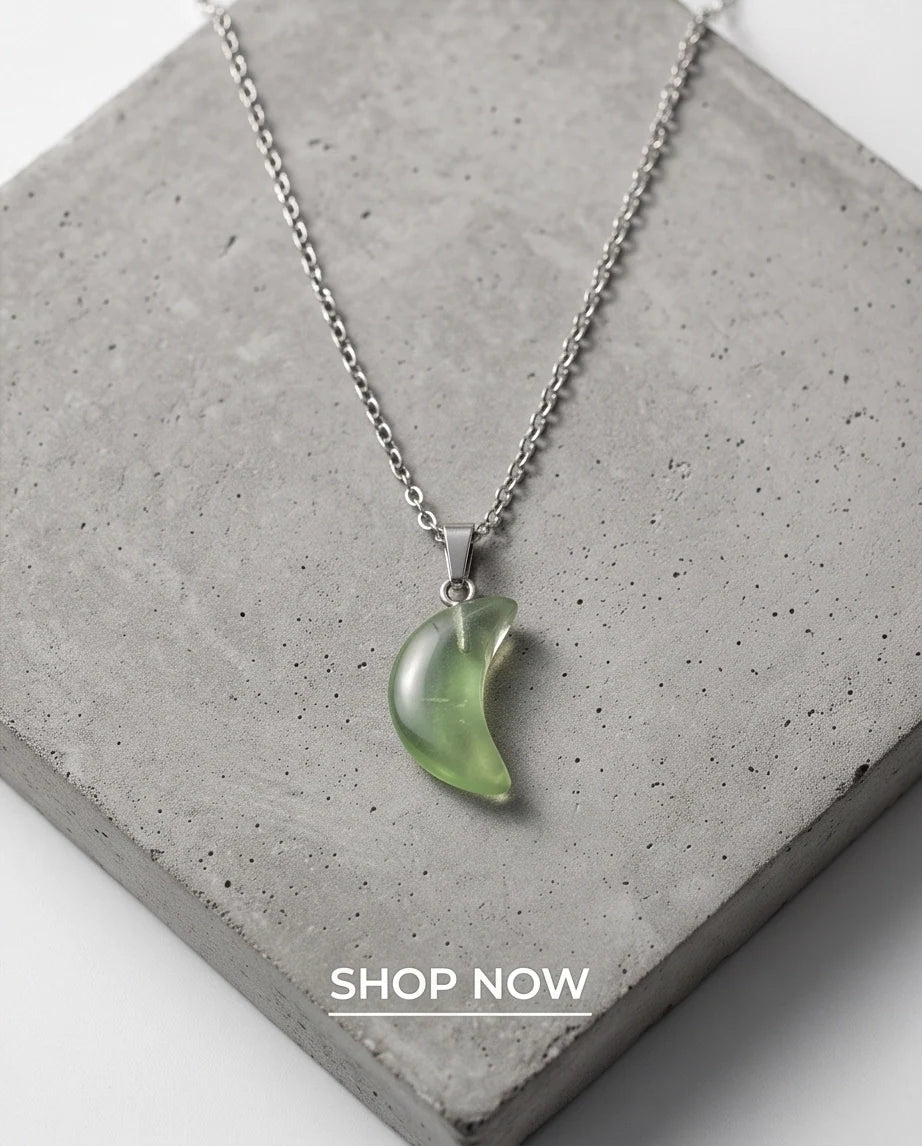 Silver Fluorite Light Green Crescent Moon Pendant Necklace