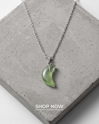 Silver Fluorite Light Green Crescent Moon Pendant Necklace