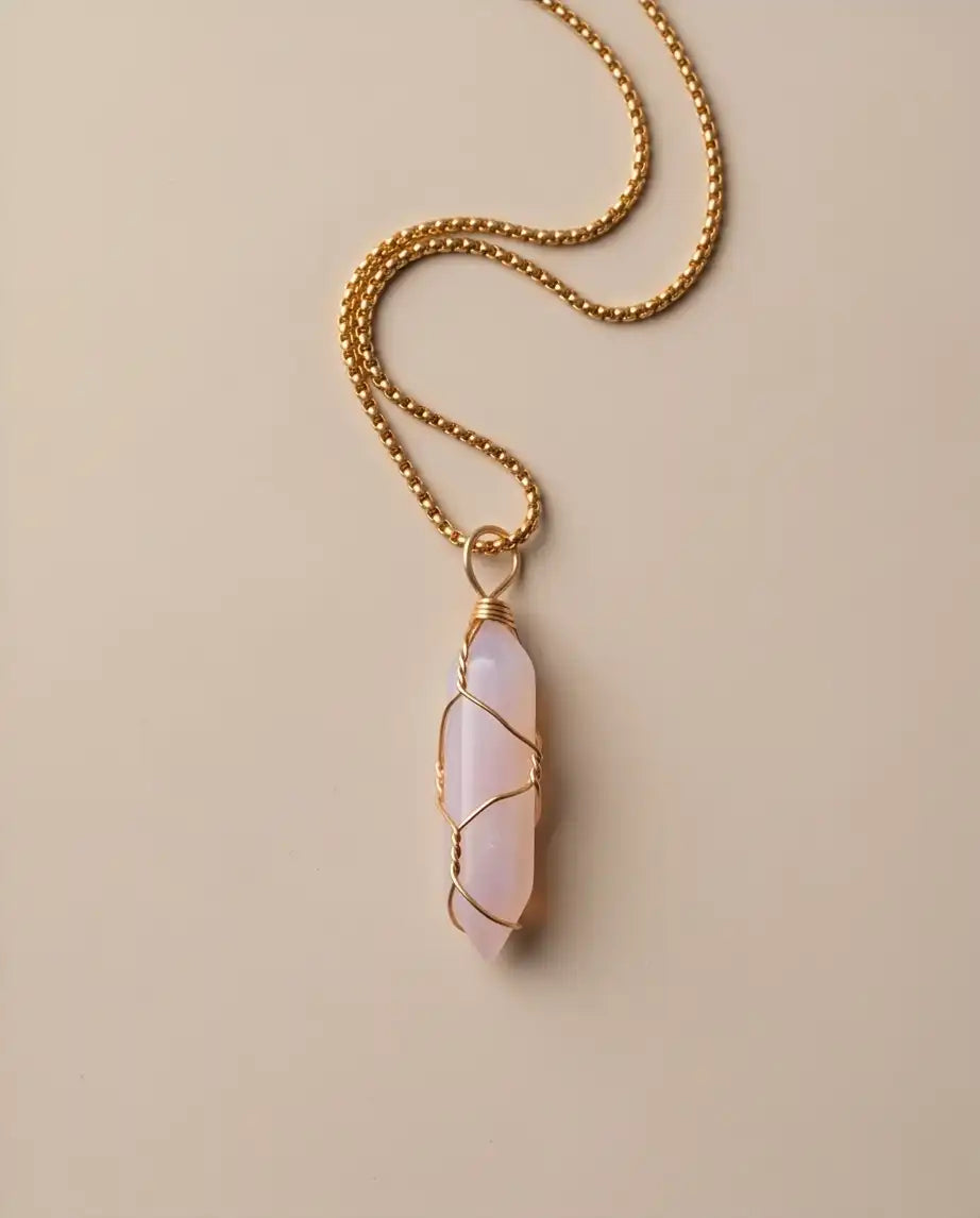 Wire-Wrapped Soft Pink Quartz Crystal Point Pendant Bead Chain