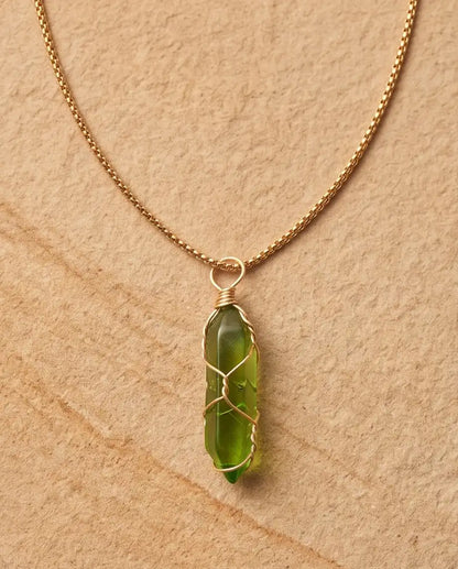 Wire-Wrapped Olive Green Crystal Point Pendant Box Chain