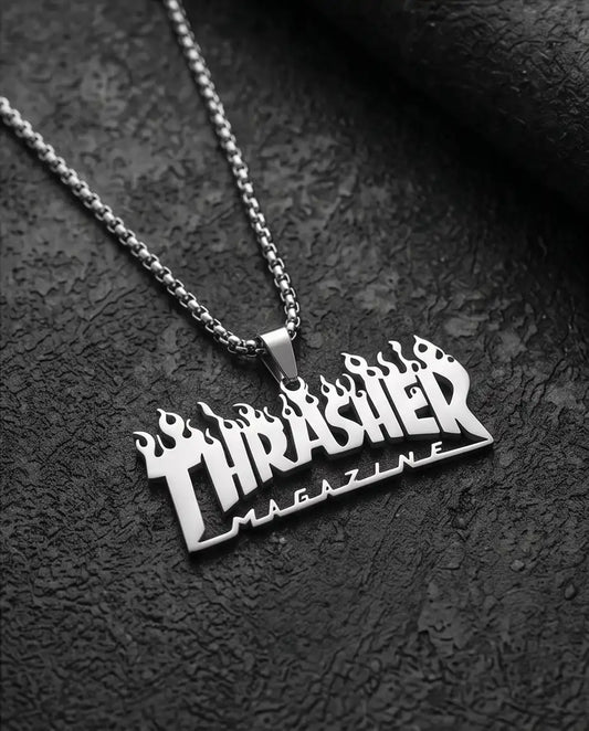 Thrasher Flame Logo Silver Box Chain Necklace