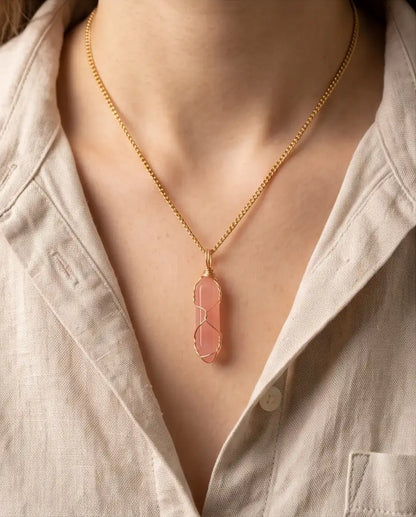 Wire-Wrapped Rose Quartz Crystal Point Pendant Box Chain