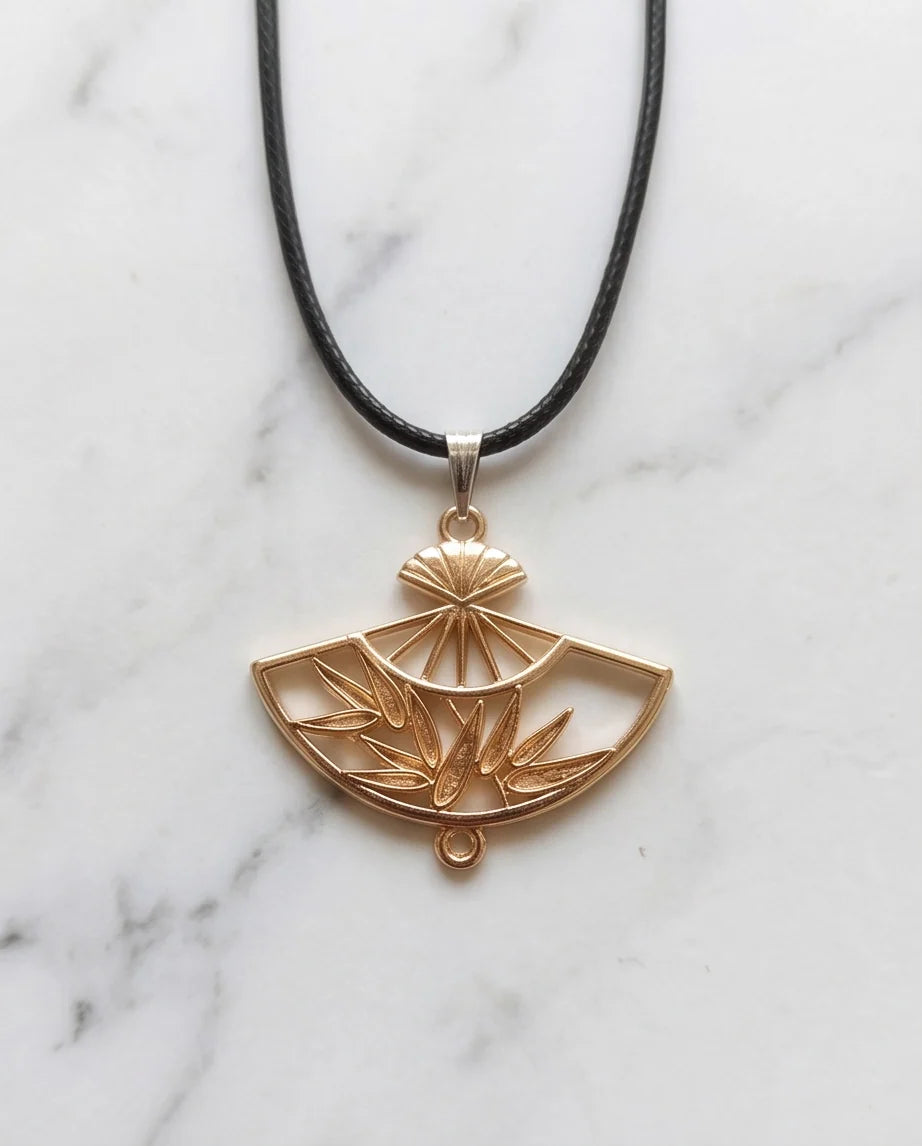 All-Gold Bamboo Fan Pendant Necklace