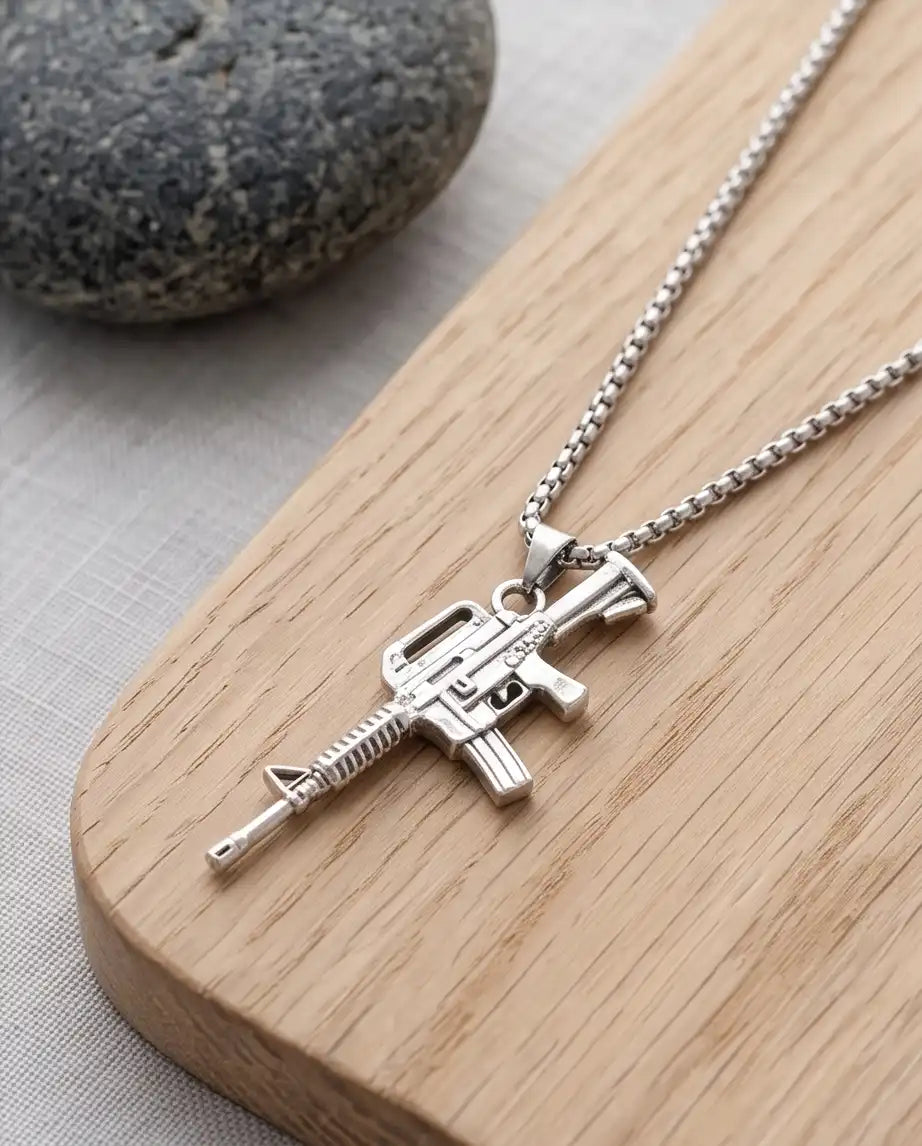 Retro Assault Rifle Weapon Pendant Box Chain