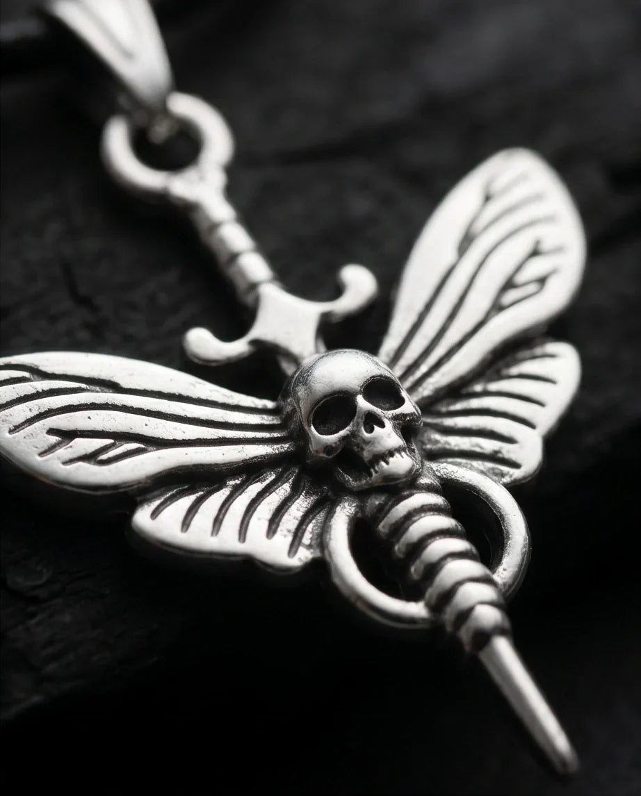 The Shadow Wing: Gothic Skull Moth Dagger Pendant Necklace