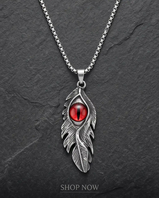 Red Dragon Eye Feather Pendant Box Chain
