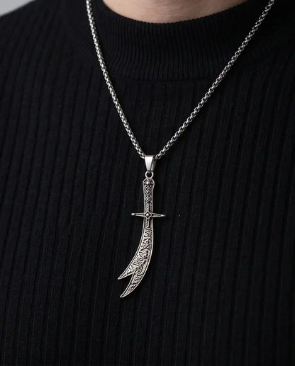 Antiqued Zulfiqar Sword Pendant Silver Box Chain Necklace