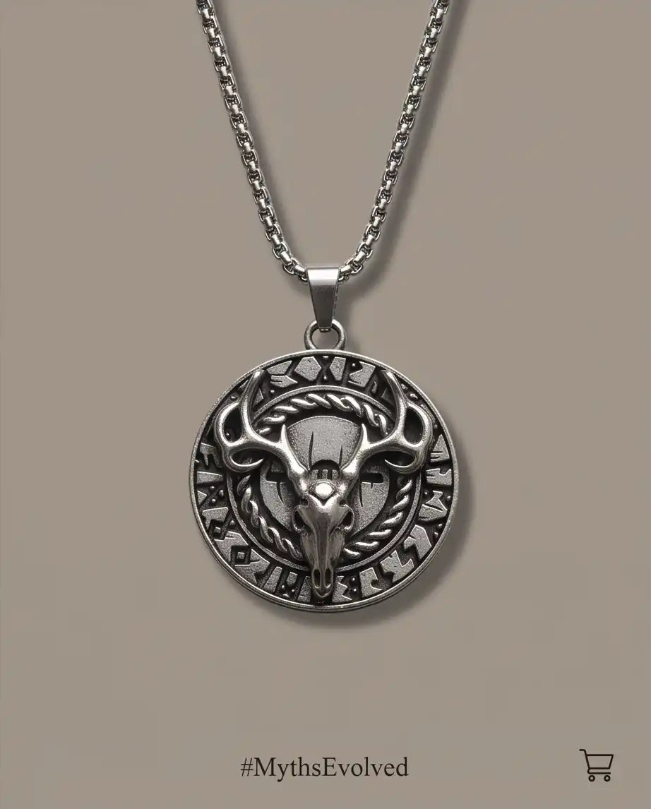 Antiqued Norse Rune Deer Skull Pendant Box Chain