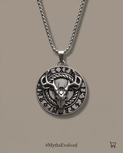 Antiqued Norse Rune Deer Skull Pendant Box Chain