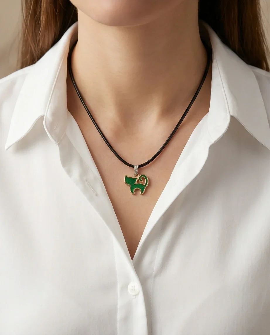 Gold and Green Cat Pendant Necklace