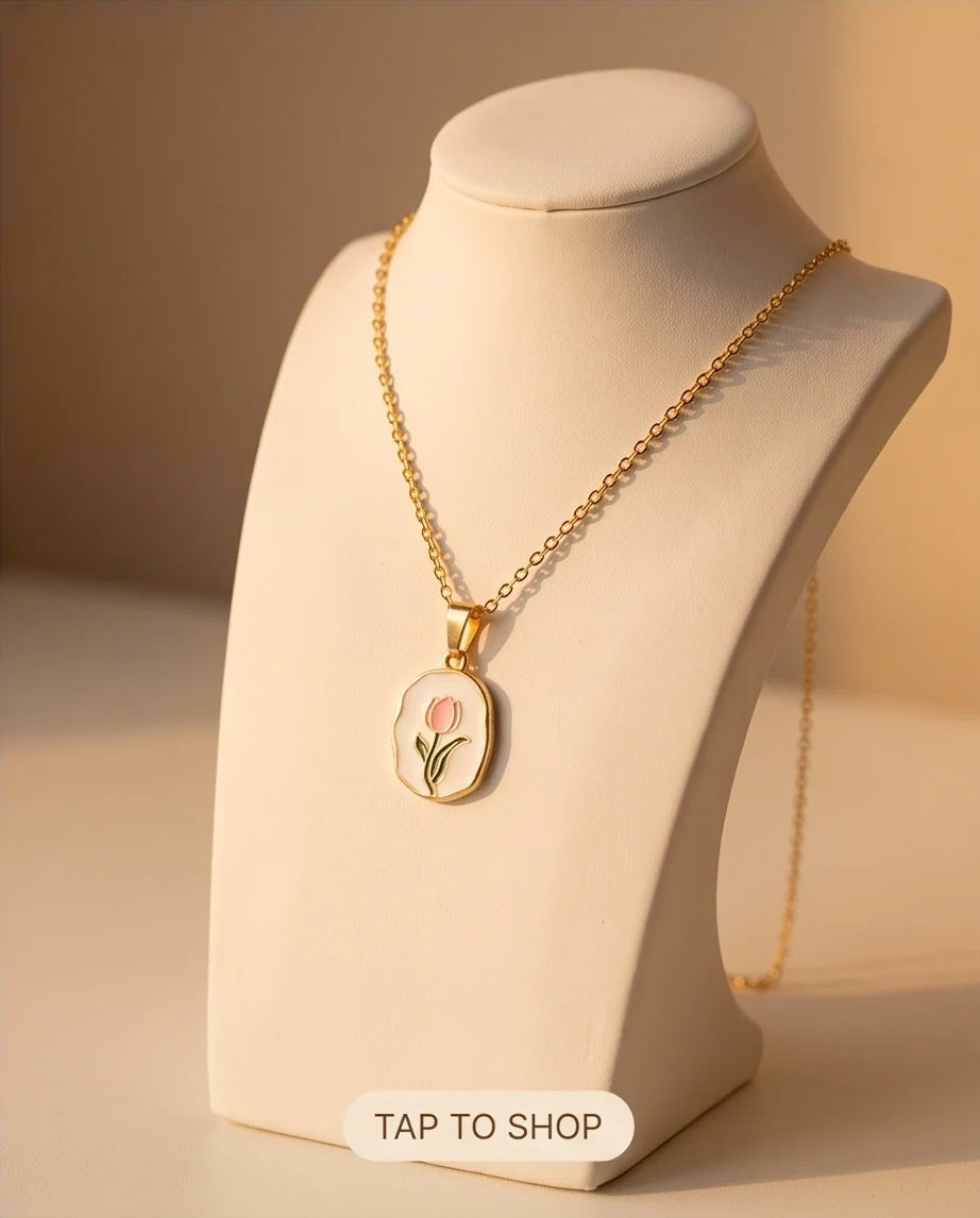 Gold Pink Tulip Enamel Medallion Chain Necklace