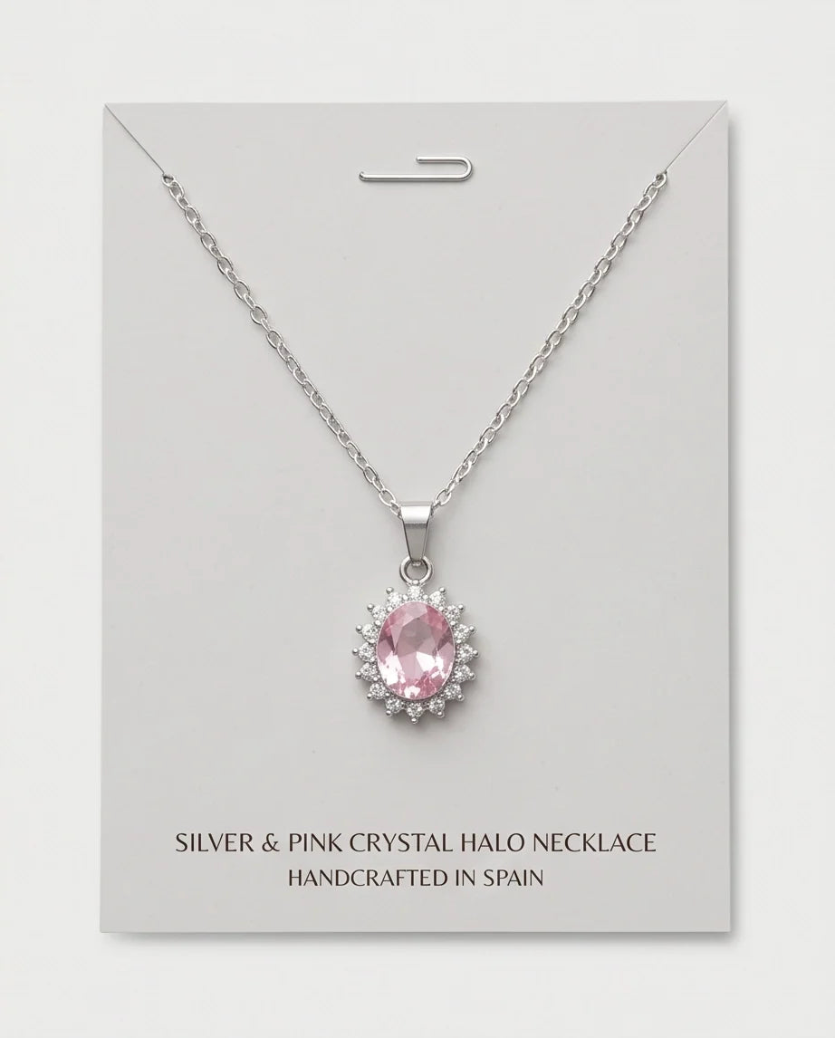 Silver Pink Crystal Oval Halo Medallion Pendant Necklace