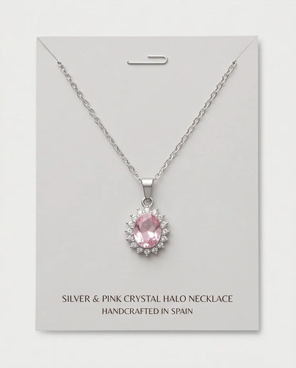 Silver Pink Crystal Oval Halo Medallion Pendant Necklace