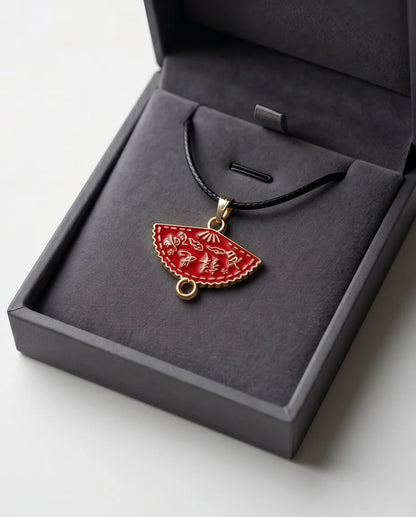 Crimson Calligraphy Fan Pendant Necklace