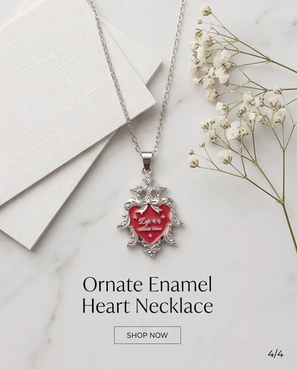 Silver Vintage Heart Engraved Red Enamel Pendant Necklace