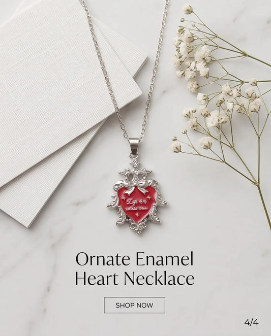 Silver Vintage Heart Engraved Red Enamel Pendant Necklace