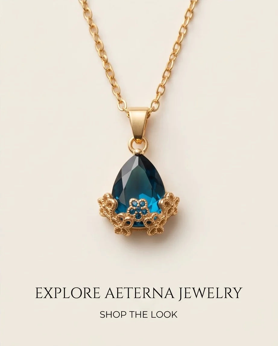 Gold Sapphire Teardrop Floral Basket Pendant Necklace