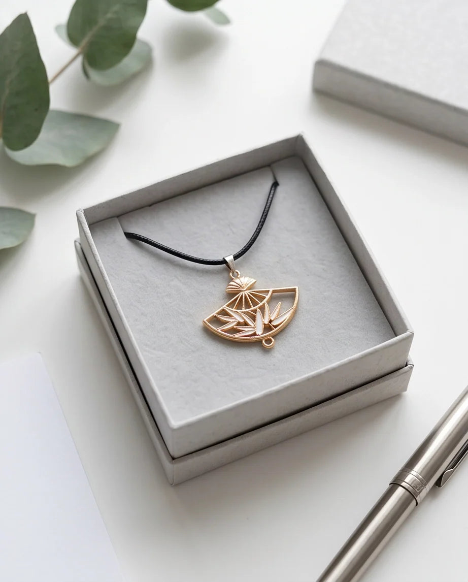 White Leaf Bamboo Fan Pendant Necklace